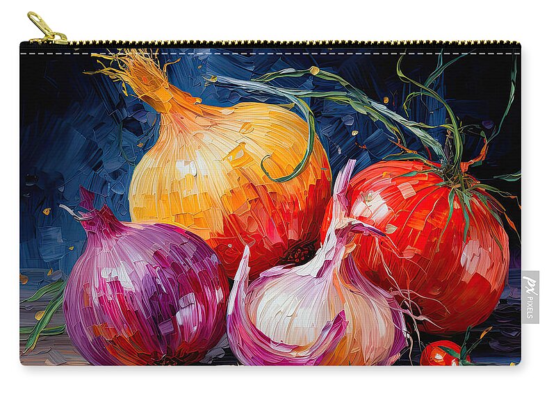 Onion Zip Pouch featuring the painting Onions Garlic and Cherry Tomatoes Art by Lourry Legarde