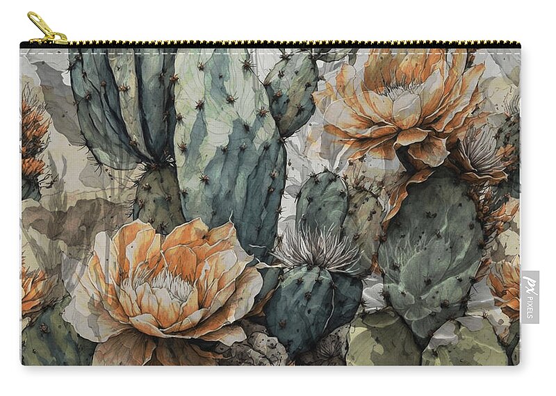 Cactus Zip Pouch featuring the digital art Orange Castus Flowers in Stippled Shade by Deb Nakano