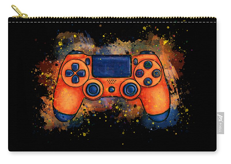 Gaming Zip Pouch featuring the painting Orange game controller splatter art, gaming by Nadia CHEVREL