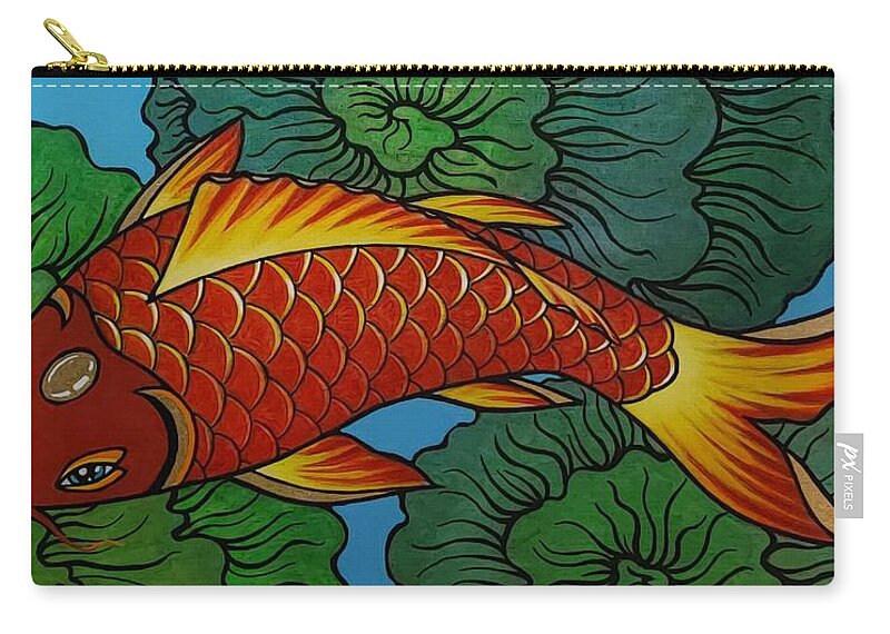 Koi Fish Zip Pouch featuring the painting Orange Koi with Green Thought Flowers by Bryon Stewart