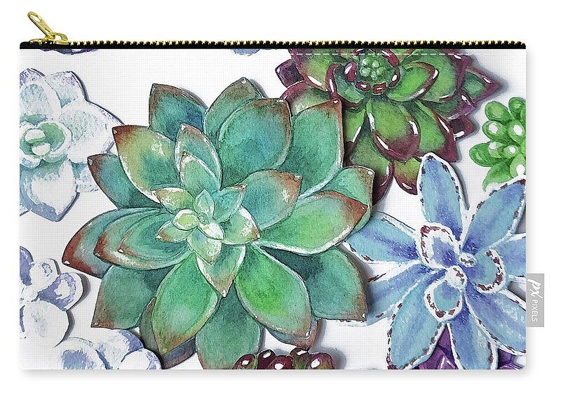 Succulent Zip Pouch featuring the painting Organic Beautiful Succulent Plants Garden Watercolor Art Decor I by Irina Sztukowski