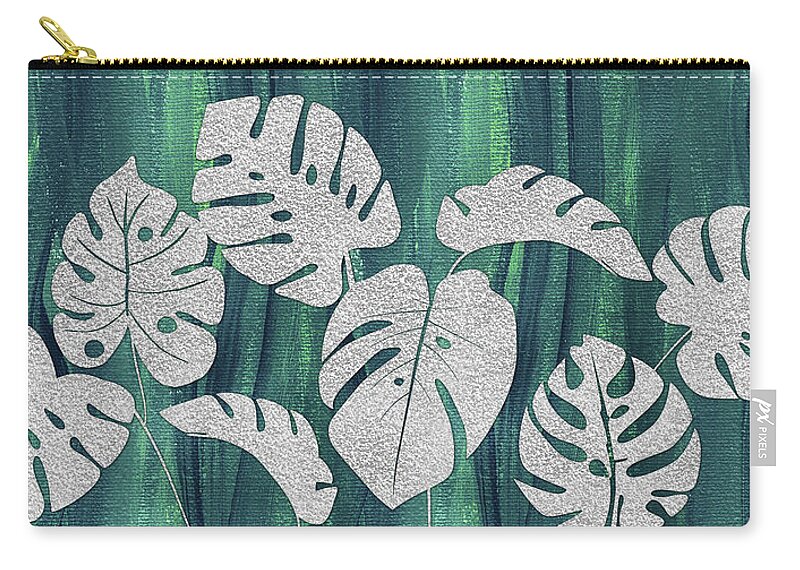 Mostera Zip Pouch featuring the painting Organic Silver Gray Glow Monstera Foliage Leaves Botanical On Teal Indigo Blue by Irina Sztukowski