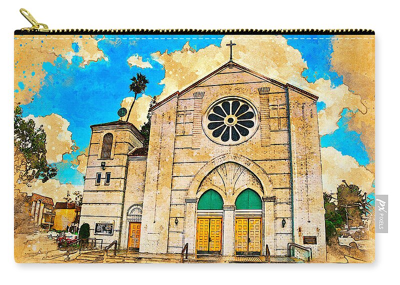 Our Lady Of Perpetual Help Zip Pouch featuring the digital art Our Lady of Perpetual Help catholic church in Downey, California by Nicko Prints