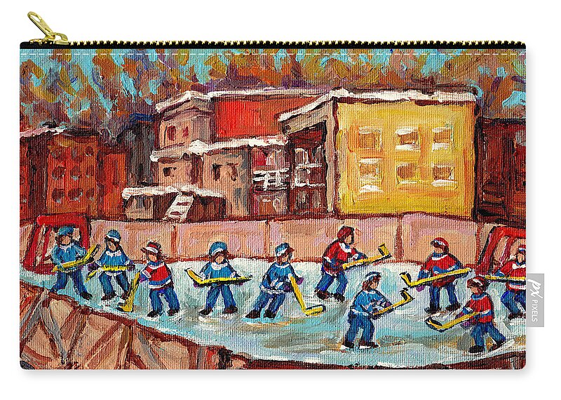 Montreal Zip Pouch featuring the painting Outdoor Hockey Rink Canadian Hand Painted Original Fine Art For Sale C Spandau Quebec Winter Scenes by Carole Spandau