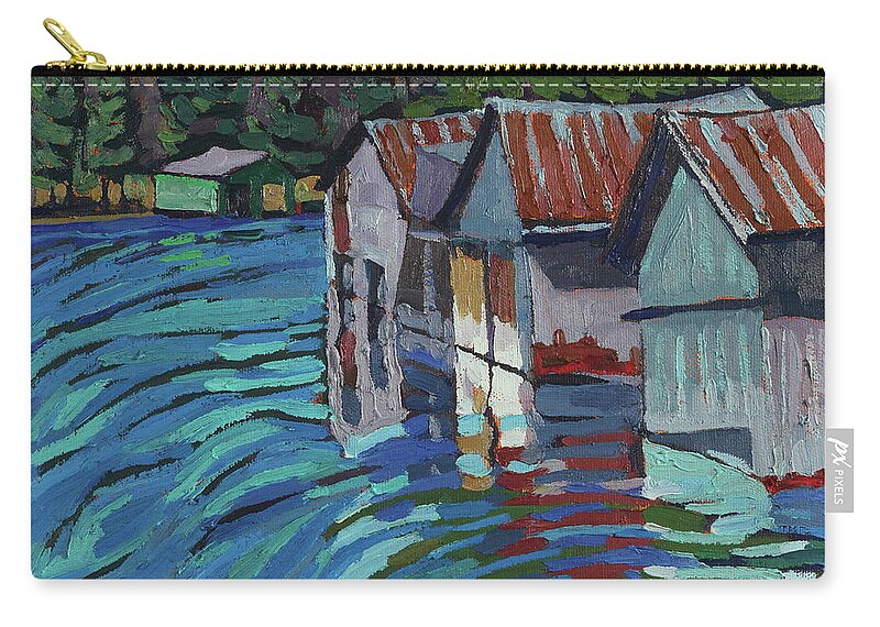 1762 Zip Pouch featuring the painting Outlet Row of Boat Houses by Phil Chadwick