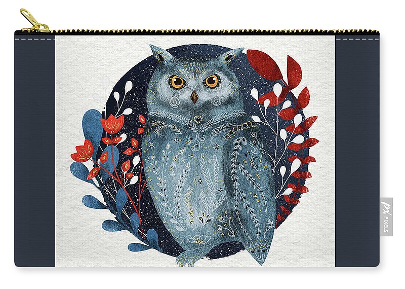 Owl Zip Pouch featuring the painting Owl With Flowers by Modern Art