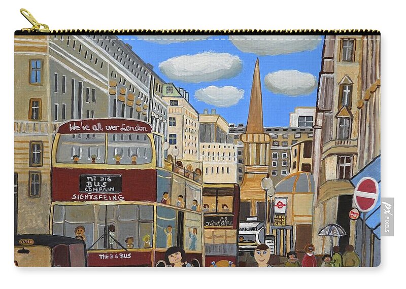 London Red Bus England Tourists Taxi Card Painting Copy Print Landscape City Buildings Ambulance Puzzle Poster Friend Mum Dad Birthday Holiday Sightseeing Bus Stop Street Busy Acrylic Burger King Zip Pouch featuring the painting Oxford Street London by Magdalena Frohnsdorff