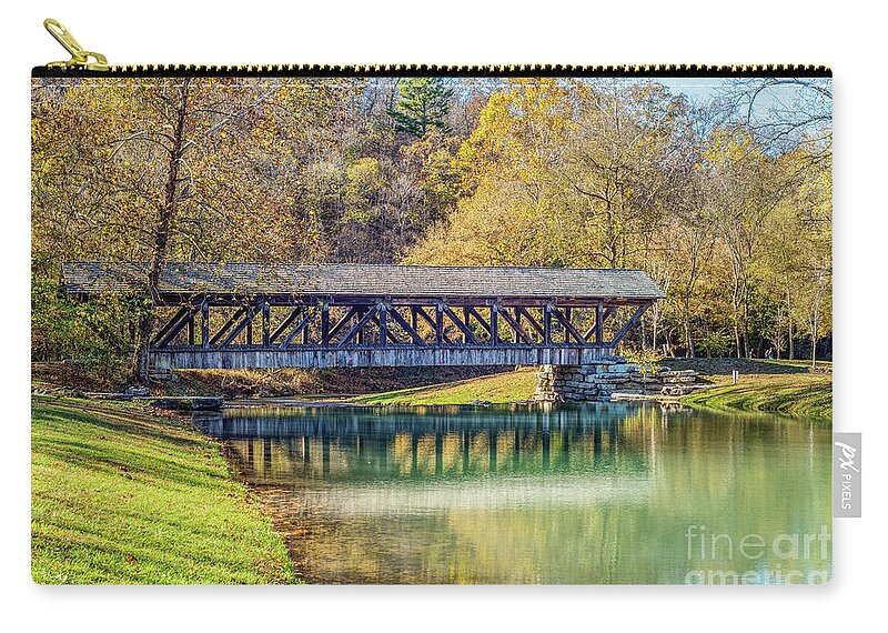 Covered Bridge Zip Pouch featuring the photograph Ozarks Fall Rustic Covered Bridge by Jennifer White