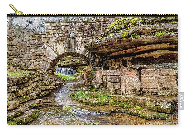 Waterfall Zip Pouch featuring the photograph Ozarks Waterfall Under Bridge by Jennifer White