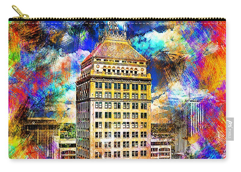 Pacific Southwest Building Zip Pouch featuring the digital art Pacific Southwest Building in Fresno - colorful painting by Nicko Prints