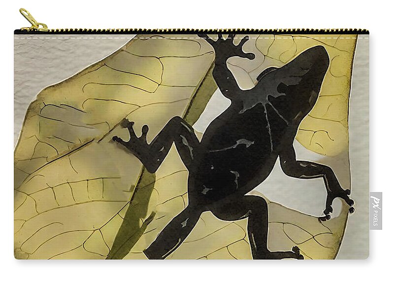 Nature Zip Pouch featuring the painting Painting Frog nature animal leaf green background by N Akkash