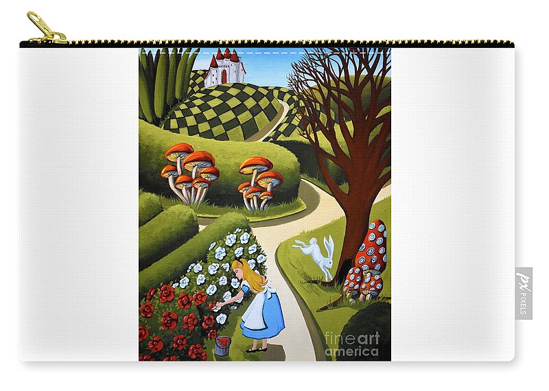 Alice In Wonderland Zip Pouch featuring the painting Painting Roses - Alice In Wonderland by Debbie Criswell