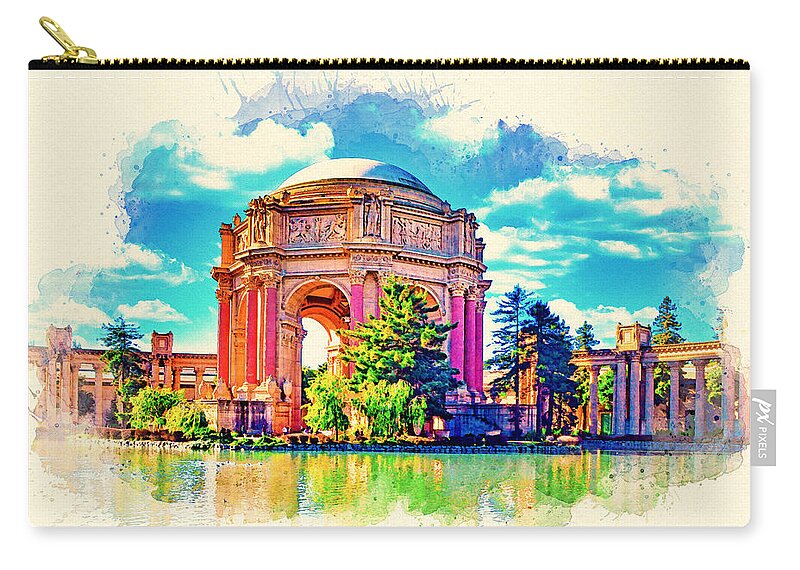 Palace Of Fine Arts Zip Pouch featuring the digital art Palace of Fine Arts, San Francisco - watercolor painting by Nicko Prints
