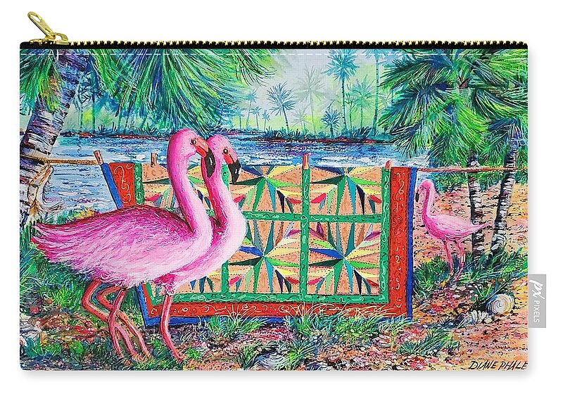 Palm Quilt Zip Pouch featuring the painting Palm Quilt Flamingos by Diane Phalen
