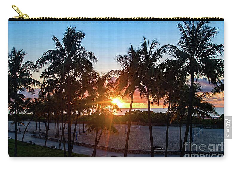 Palm Zip Pouch featuring the photograph Palm Tree Sunset on Ocean Drive South Beach Miami by Beachtown Views