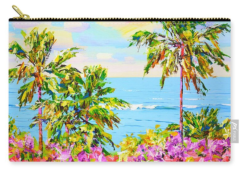 Ocean Zip Pouch featuring the painting 	Palms. Ocean. Flowers. by Iryna Kastsova