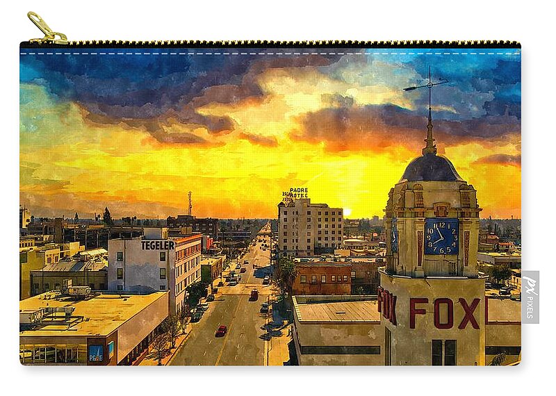 Bakersfield Zip Pouch featuring the digital art Panorama of downtown Bakersfield, California - watercolor painting by Nicko Prints