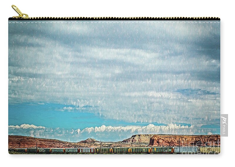 Ssouthwest Zip Pouch featuring the photograph Panoramic of Train on tracks in southwestern United States with by Susan Vineyard