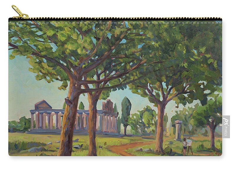 Paestum Zip Pouch featuring the painting Panting the old temples by Marco Busoni