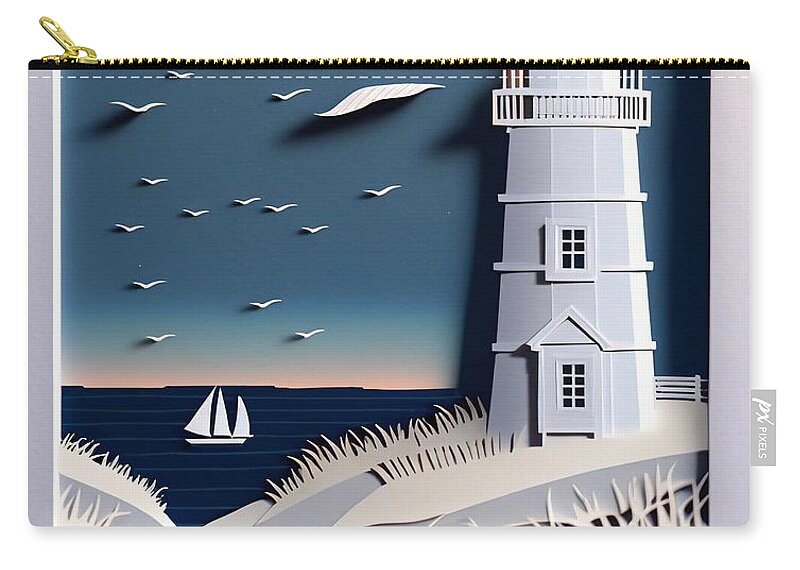 Nantucket Zip Pouch featuring the digital art Paper Lighthouse by Nickleen Mosher