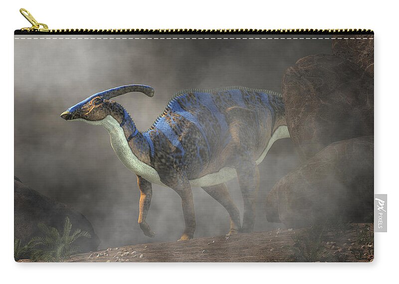 Parasaurolophus Zip Pouch featuring the digital art Parasaurolophus in Fog by Daniel Eskridge