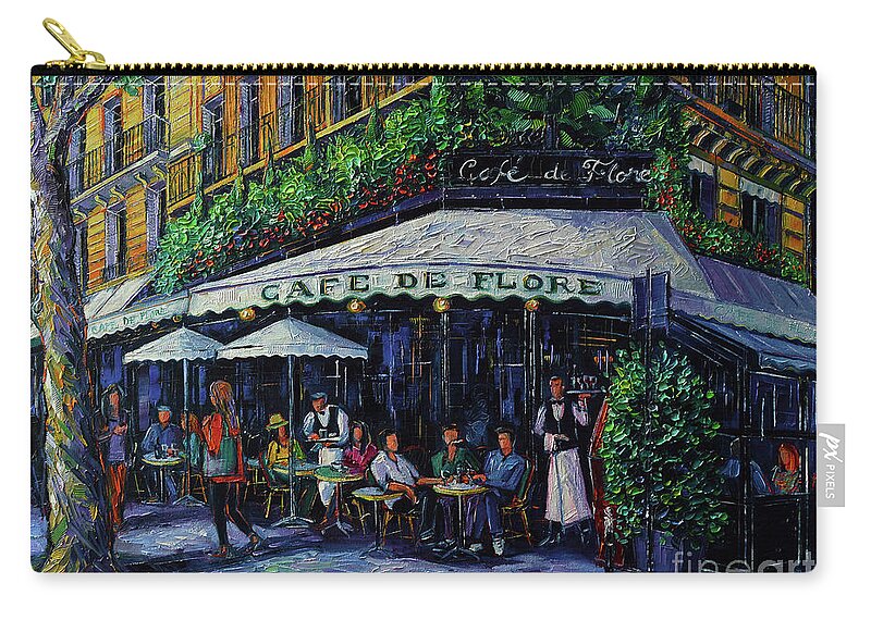 Parisian Mood Cafe De Flore Zip Pouch featuring the painting PARISIAN MOOD CAFE DE FLORE commissioned oil painting by Mona EDULESCO by Mona Edulesco