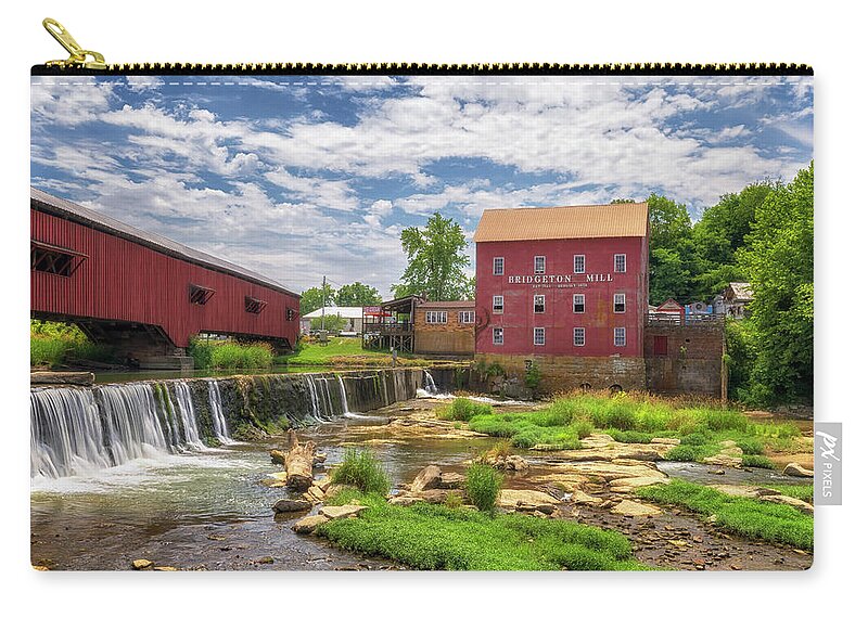 Parke County Zip Pouch featuring the photograph Parke County, Indiana - Bridgeton Mill and Covered Bridge by Susan Rissi Tregoning