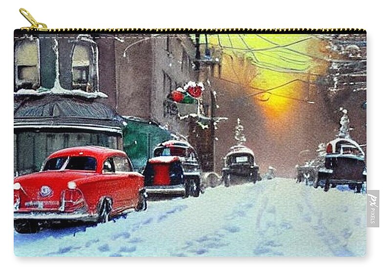 Watercolor Zip Pouch featuring the painting Paterson New Jersey 1950s Streetscape in Winter by Christopher Lotito