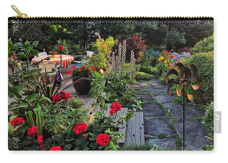 Sunrise Zip Pouch featuring the photograph Patio Flower Garden at Sunrise by Jerry Abbott