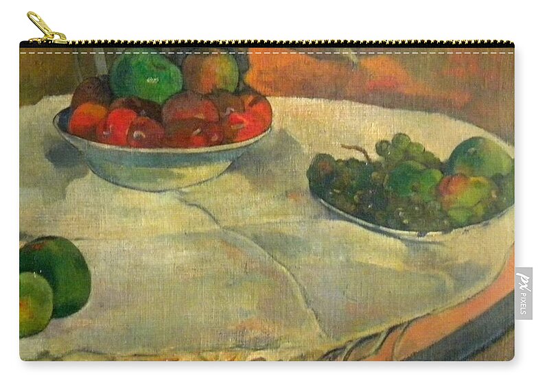  Zip Pouch featuring the painting Paul Gauguin - Fruit on a Table with a Small Dog by Les Classics