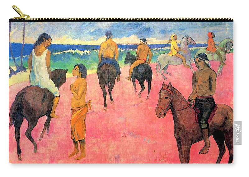 Paul Gauguin Zip Pouch featuring the painting Paul Gauguin - Horseman on the Beach I by Alexandra Arts