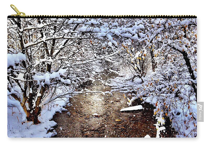 Taos Zip Pouch featuring the photograph Peaceful Snowy River by Elijah Rael