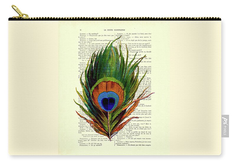 Peacock Zip Pouch featuring the digital art Peacock feather on French antique book page by Madame Memento