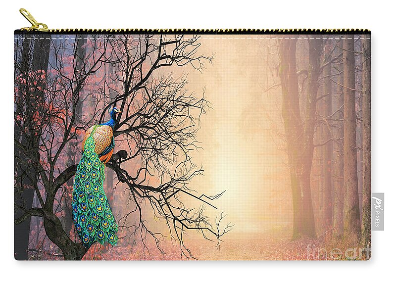 Autumn Zip Pouch featuring the mixed media Peacock in the Fall by Morag Bates