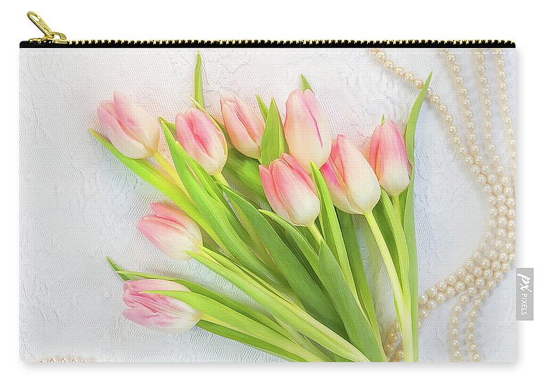 Pearls Zip Pouch featuring the photograph Pearls and Tulips by Sylvia Goldkranz