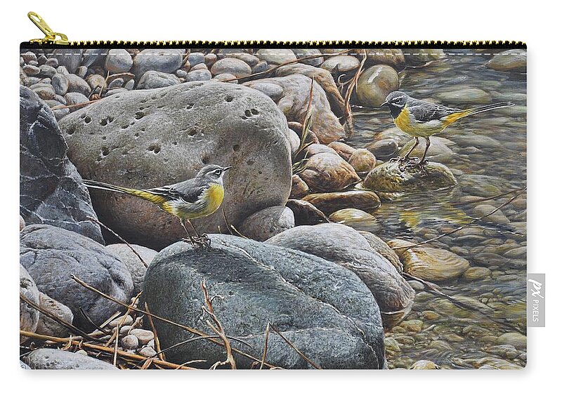 Pebble Zip Pouch featuring the painting Pebble Stream Wagtails by Alan M Hunt