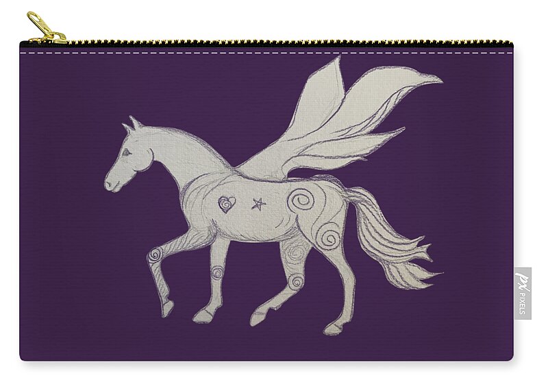 Pegasus Carry-all Pouch featuring the drawing Pegasus Heart Spiral Star Drawing by Sandy Rakowitz