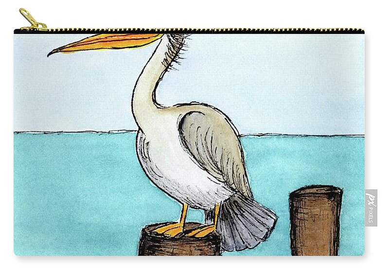 Coastal Bird Carry-all Pouch featuring the painting Pelican Perched on Pier by Donna Mibus