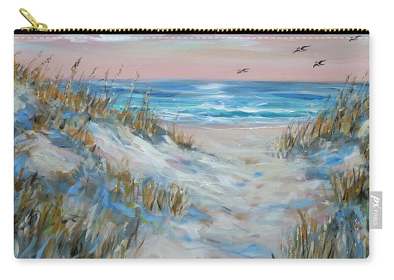 Beach Zip Pouch featuring the painting Pelicans at the Shore by Linda Olsen