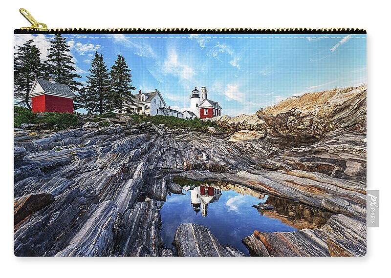 Architecture Zip Pouch featuring the photograph Pemaquid Point Lighthouse in Reflection by Andy Crawford
