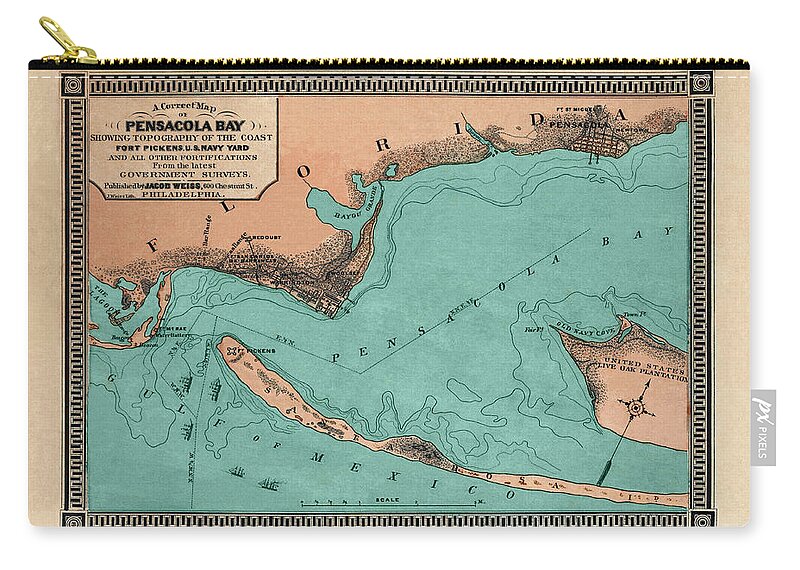 Florida Map Zip Pouch featuring the photograph Pensacola Bay Florida Vintage Map 1860 by Carol Japp