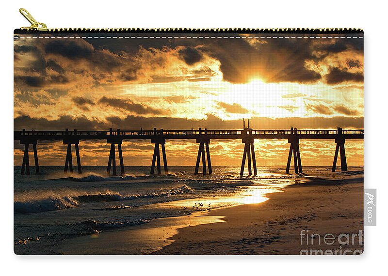 Sun Zip Pouch featuring the photograph Pensacola Beach Fishing Pier at Sunset by Beachtown Views