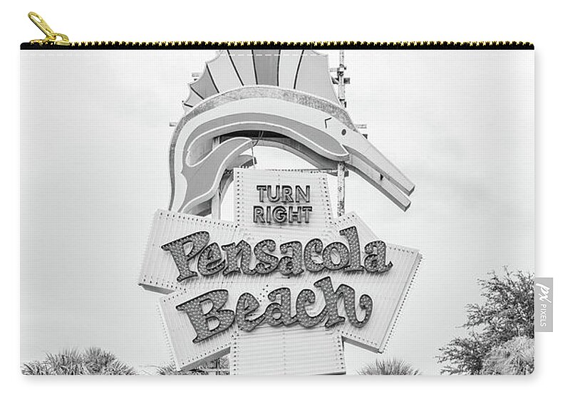 2018 Zip Pouch featuring the photograph Pensacola Beach Sign Black and White Photo by Paul Velgos