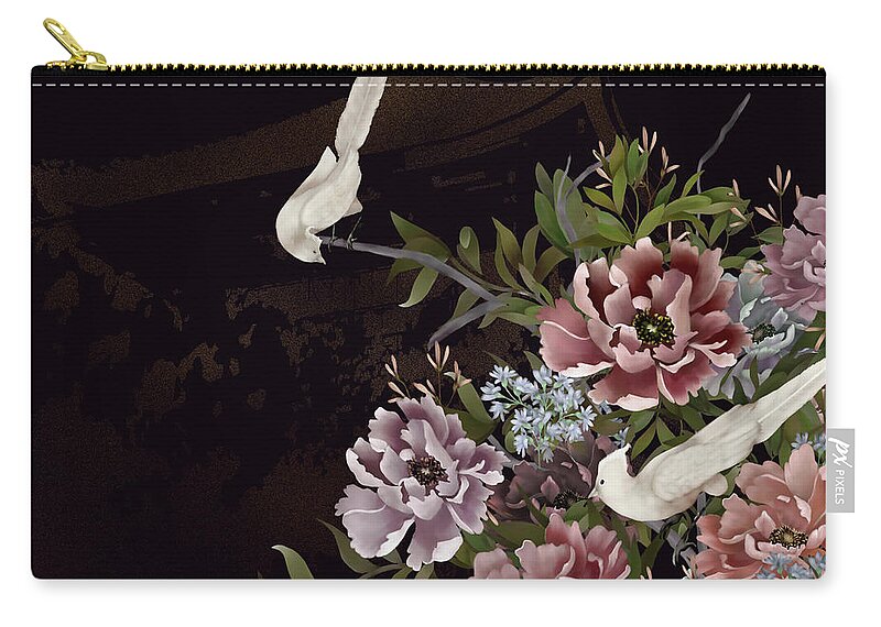 Chinoiserie Zip Pouch featuring the digital art Peonies and Birds Glitter Temple Chinoiserie by Sand And Chi