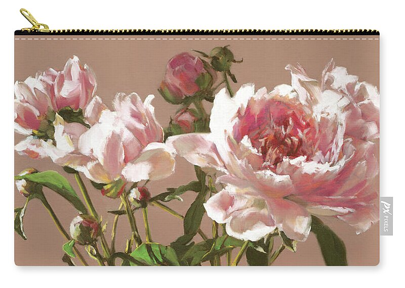 Peonies Painting Zip Pouch featuring the painting Peonies in a Glass Pitcher by Roxanne Dyer
