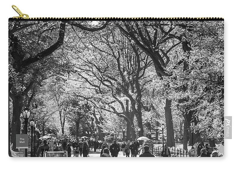 Photography Black And White Image Horizontal Central Park Mall Central Park Manhattan New York City New York State Usa North America Outdoors Day Large Group Of People People Men Women Adult Walking Motion On The Move Tree Autumn Season Leisure Activity Nature Scenics Tranquil Scene Tranquility Travel Destinations  Zip Pouch featuring the photograph People walking in a park, Central Park Mall, Central Park, Manhattan, New York City, New York State, by Panoramic Images