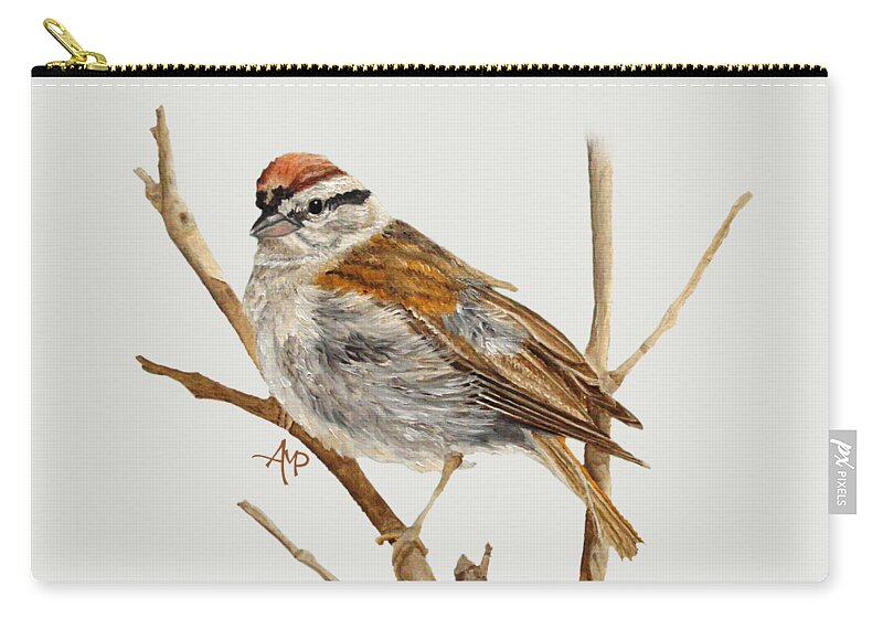 Chipping Sparrow Zip Pouch featuring the painting Perched Chipping Sparrow by Angeles M Pomata