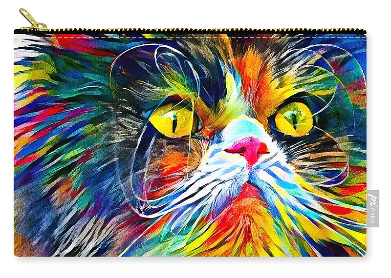 Persian Cat Zip Pouch featuring the digital art Persian cat with long whiskers close-up - colorful zebra pattern painting by Nicko Prints