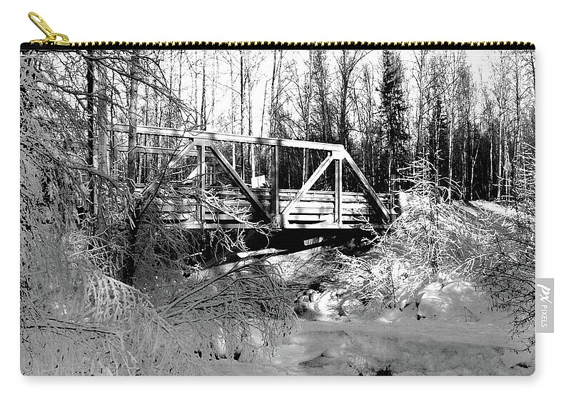 Bridge Zip Pouch featuring the photograph Peters Creek Bridge in Winter by Kimberly Blom-Roemer