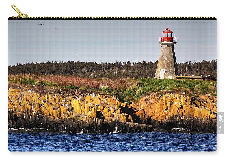 Light House Island Peters Island Gulls Rocks Sea Ocean Nova Scotia Zip Pouch featuring the photograph Peters Light House by David Matthews